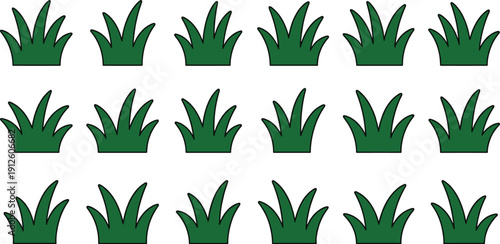 Green grass icons set with different lawn and meadow tuft shapes, perfect for nature backgrounds, garden designs, landscape illustrations and game assets