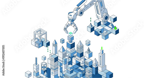 An intricate isometric illustration depicts a robotic arm constructing a futuristic city from various geometric blocks, symbolizing innovation and progress.