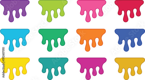 Multicolor dripping paint border set with rounded liquid drips, isolated on white, ideal for banners, frames, labels, stickers and slime style designs