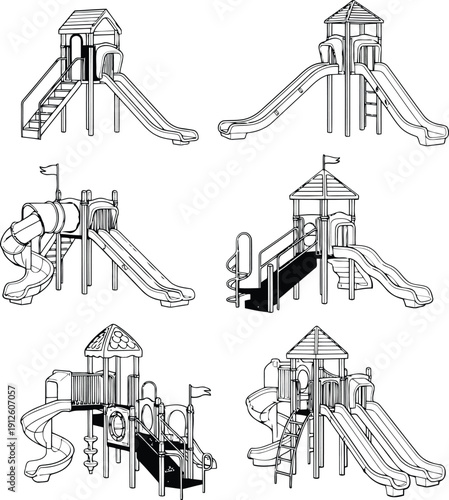 Variety of playground structures with slides and climbing frames for kids to play