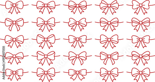 Seamless pattern of red ribbon bows in outline style, repeating background for gift wrap, packaging, greeting cards and textiles. Cute minimal design, perfect for weddings and celebrations.
