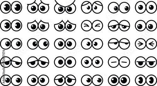 Cute cartoon eyes expressions set in black and white, with many emotions like happy, angry, surprised and sleepy. Great for character design, stickers, games, apps, chat reactions and UI icons.