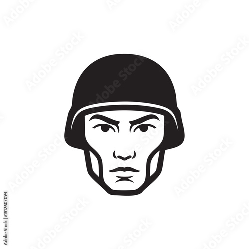 Soldier face portrait, strong determined expression, minimalist vector illustration for military themes