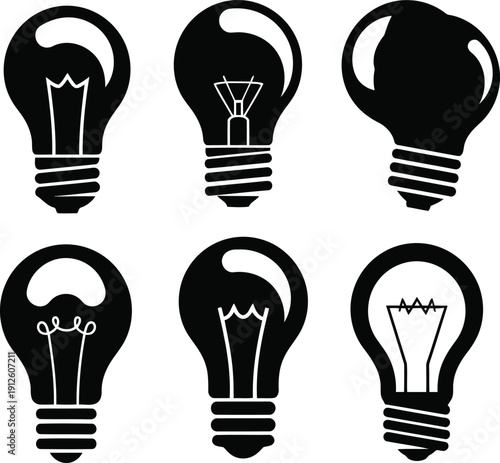 Collection of black light bulbs with various filament designs on a white background, showcasing ideas and creativity