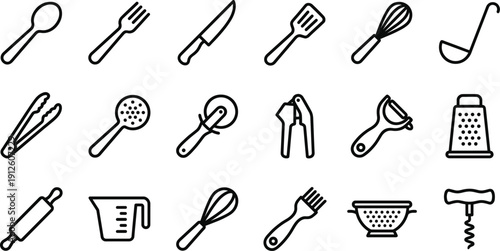 Kitchen utensils outline icons set with cooking tools like whisk, spatula, ladle, grater and more. Ideal for restaurant menus, food apps, cooking blogs, infographics and culinary branding.