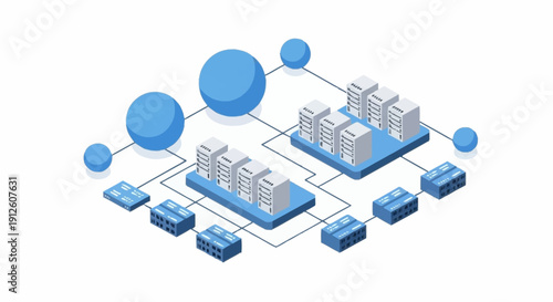 3D illustration of cloud computing infrastructure with interconnected servers and databases.