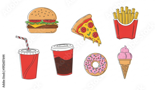 Fast Food Hand Drawn Flat Vector Illustration with Burger Pizza and Snacks