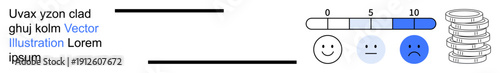 User satisfaction, customer experience, evaluation metrics, business performance, financial data analysis. happy faces with a rating bar and stacked coins. User satisfaction and customer experience