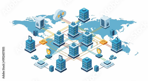 Global network infrastructure with interconnected data centers and servers.
