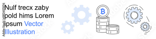 Cryptocurrency, blockchain, financial investment, technological systems, fintech innovation, digital economy. Bitcoin stacks with gears technology. Cryptocurrency and blockchain visualization