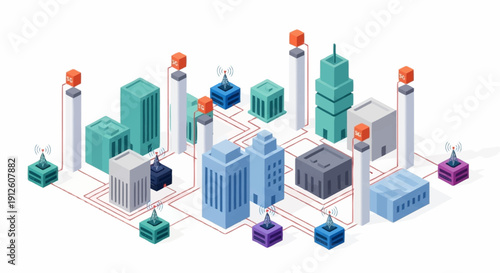 Isometric illustration of a futuristic cityscape with modern buildings and wind turbines.