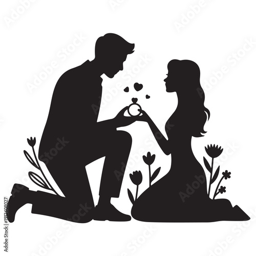 Man proposing with ring and hearts, romantic proposal silhouette with floral accents