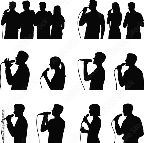 Singer silhouette collection featuring male and female vocalists performing with microphones, black human figures isolated on white background for music, concert, karaoke and entertainment concepts