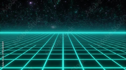 Retro synthwave landscape with glowing neon grid and stars