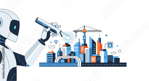 A futuristic robot arm with a stylus interacts with a smart city illustration, symbolizing advanced urban planning and technological innovation.