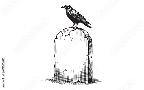 Photography Gothic illustration of a black raven perched atop an old, blank gravestone