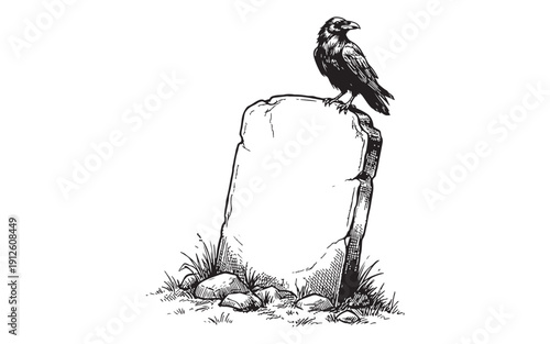 Gothic illustration of a black raven perched atop an old, blank gravestone. Hand-drawn engraving style.