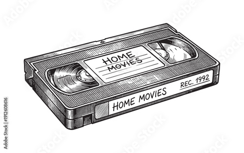 Retro home movies VHS video cassette tape from the 1990s with a handwritten label. Hand-drawn engraving style.