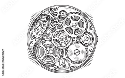 ntricate internal mechanism of a mechanical skeleton watch showing gears, springs, and clockwork. Hand-drawn engraving style.