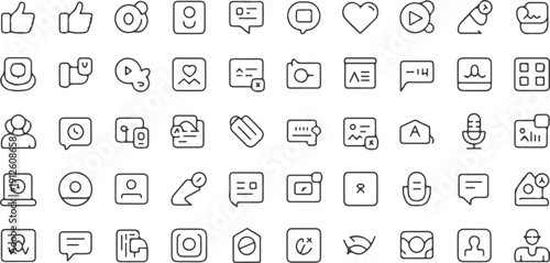 60 Social Media and Communication Icons: Online Engagement, Networking, and Digital Marketing Isolated white background