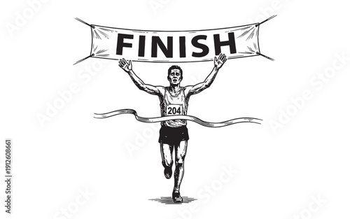 Determined male athlete crossing the finish line of a marathon with arms raised in victory. Hand-drawn engraving style.