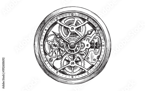ntricate internal mechanism of a mechanical skeleton watch showing gears, springs, and clockwork. Hand-drawn engraving style.
