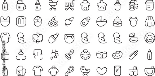 Babycare Icons: Bottles, Strollers, Bibs, and Cute Baby Items for Parenthood and Infancy Isolated white background