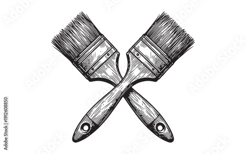 Pair of crossed professional wooden paint brushes representing fine art and painting. Hand-drawn engraving style.