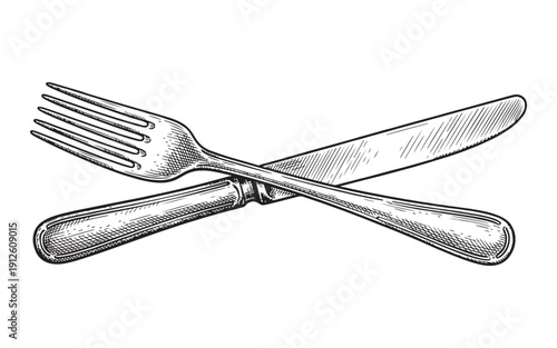 Crossed elegant metal dinner fork and table knife representing dining and culinary arts. Hand-drawn engraving style.