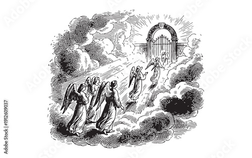Group of winged angels ascending through the clouds toward the open gates of heaven. Hand-drawn engraving style.