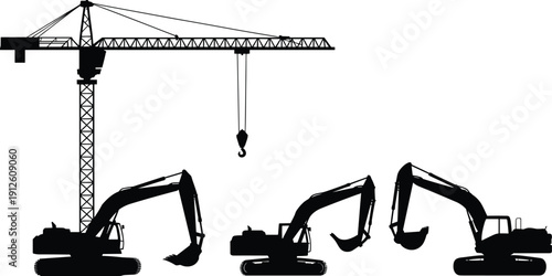Tower crane and excavator silhouettes isolated on white background for heavy construction machinery, civil engineering and industrial development design