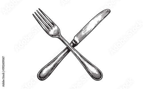 Crossed elegant metal dinner fork and table knife representing dining and culinary arts. Hand-drawn engraving style.