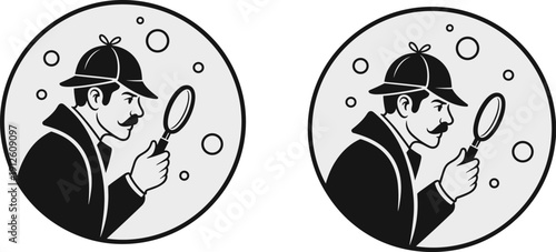 Vintage detective silhouette logo with magnifying glass inside circular badge isolated on white background for investigation and mystery branding design