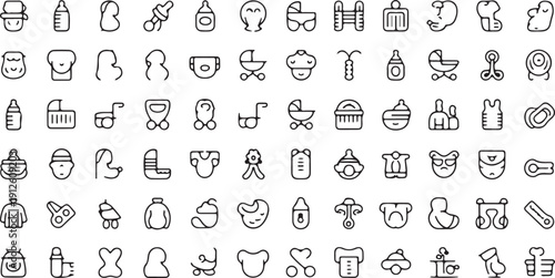 Adorable Baby Care Icons: Bottles, Bibs, Strollers, Clothing, and Essentials for Newborns and Parenthood Isolated white background