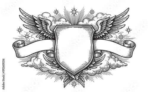 Blank heraldic shield crest with spread wings and a ribbon banner among clouds and stars. Hand-drawn engraving style.