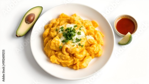 Traditional Ecuadorian Mote Pillo featuring creamy hominy with eggs and fresh avocado.