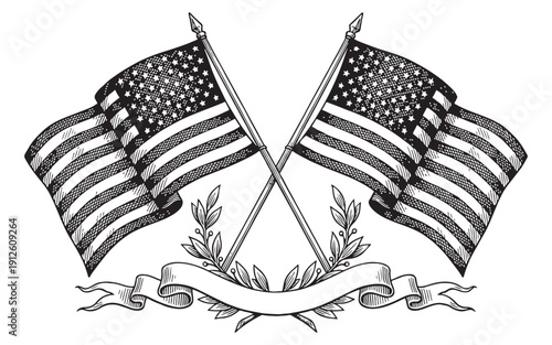 Two crossed American flags with a laurel wreath and a blank ribbon banner. Hand-drawn engraving style.