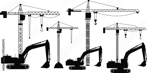 Tower crane and excavator silhouettes set with heavy construction machinery isolated on white background for engineering, industrial and building site design