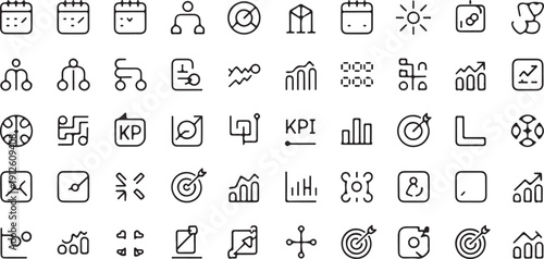 Business and Strategy Icons: Graphs, Calendars, Targets, and Project Management Tools for Planning Isolated white background