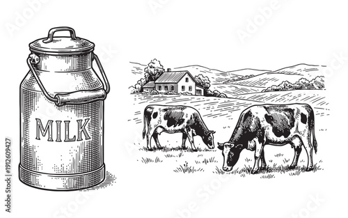 Rural dairy farm scene with a large milk can and cows grazing in a meadow. Hand-drawn engraving style.