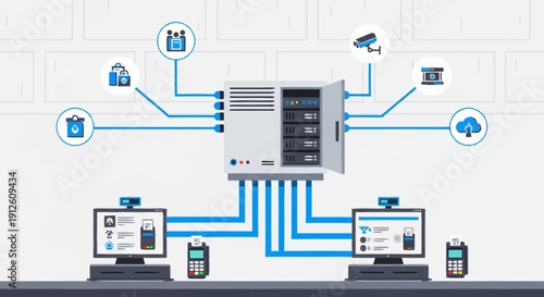 Network Server Connection Diagram with Devices and Peripherals.