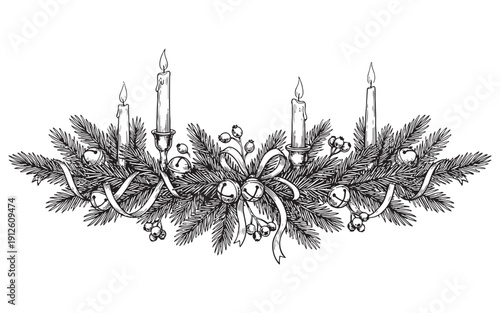 Decorative Christmas swag with pine branches, lit candles, ribbons, and jingle bells. Hand-drawn engraving style.