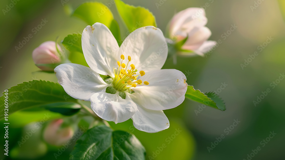 Fototapeta premium Closeup of a delicate white apple blossom with soft green foliage background.