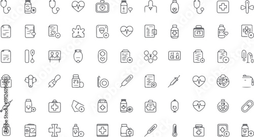 Comprehensive Medical and Healthcare Icon Collection: 60 Vector Graphics for Digital and Print Media Isolated white background