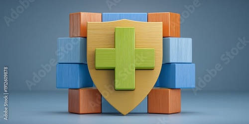 Pediatric healthcare concept shows colorful wooden blocks forming cross and shield, representing coverage and medical aid for families in 3D.