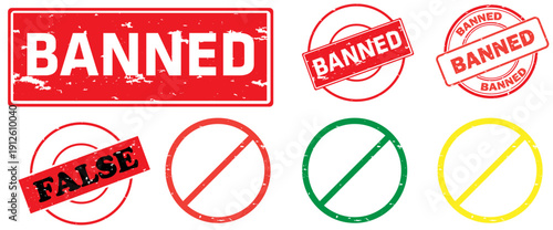Banned Stamp Set with False Label and Check Mark Symbols – Red Prohibited and Approved Signs Collection Banned and False Rubber Stamp Set with Prohibited Prohibition Warning Symbols