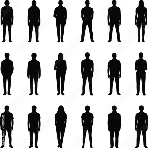 Standing people silhouettes set featuring men and women in neutral poses, human figures collection for business, lifestyle, character design and social concepts isolated on white background