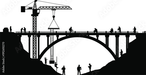 Bridge construction silhouette with tower crane, workers and arch structure isolated on white background for engineering infrastructure and industrial development design