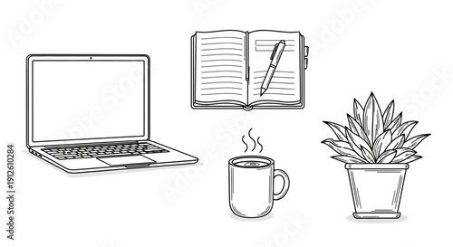 Desk Setup: Laptop, Notebook, Coffee, and Plant - Work From Home Essentials