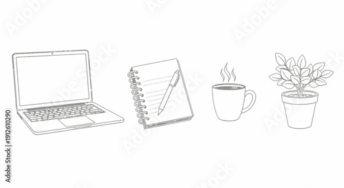 Desk Setup: Laptop, Notebook, Pen, Coffee Cup, and Potted Plant - Minimalist Line Art